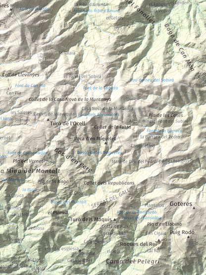 Mapa de relieve de Sant Miquel de Solterra, 1203 m, Selva, lámina 100 Cims de Trobart. Detalle de la zona inferior derecha. 30 × 40 cm.