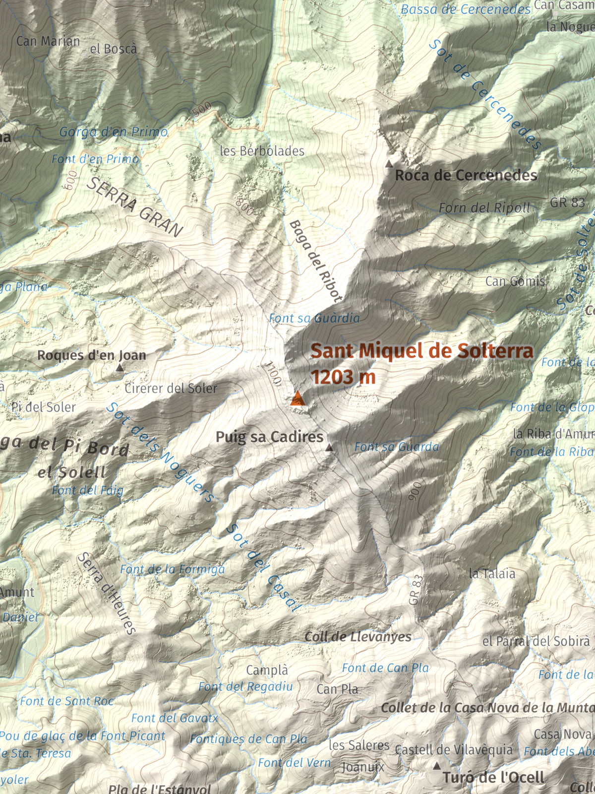 Mapa de relieve de Sant Miquel de Solterra, 1203 m, Selva, lámina 100 Cims de Trobart. Detalle de la zona central. 30 × 40 cm.