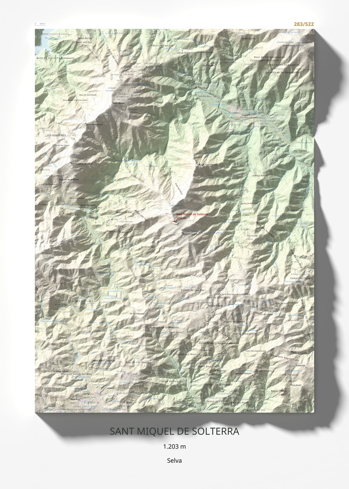 Mapa de relieve de Sant Miquel de Solterra, 1203 m, Selva, lámina 100 Cims de Trobart 50 × 70 cm.