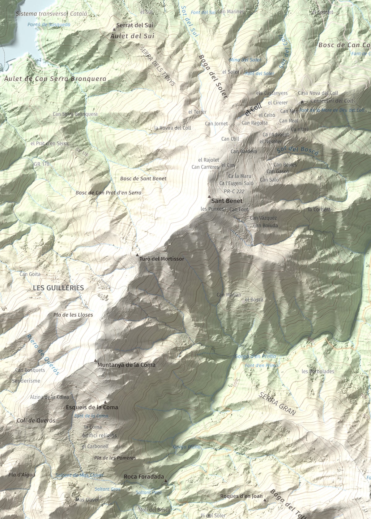 Mapa de relieve de Sant Miquel de Solterra, 1203 m, Selva, lámina 100 Cims de Trobart. Detalle de la zona superior izquierda. 50 × 70 cm.
