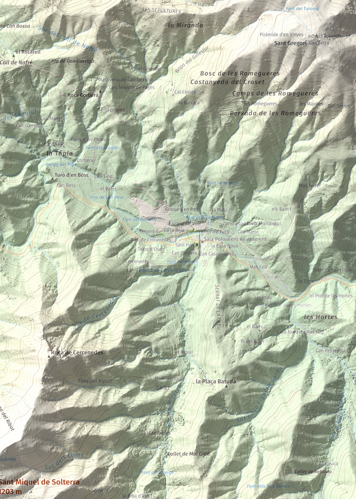 Mapa de relieve de Sant Miquel de Solterra, 1203 m, Selva, lámina 100 Cims de Trobart. Detalle de la zona superior derecha. 50 × 70 cm.