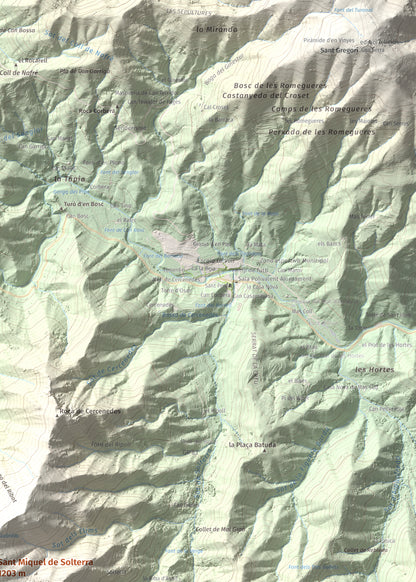 Mapa de relieve de Sant Miquel de Solterra, 1203 m, Selva, lámina 100 Cims de Trobart. Detalle de la zona superior derecha. 50 × 70 cm.