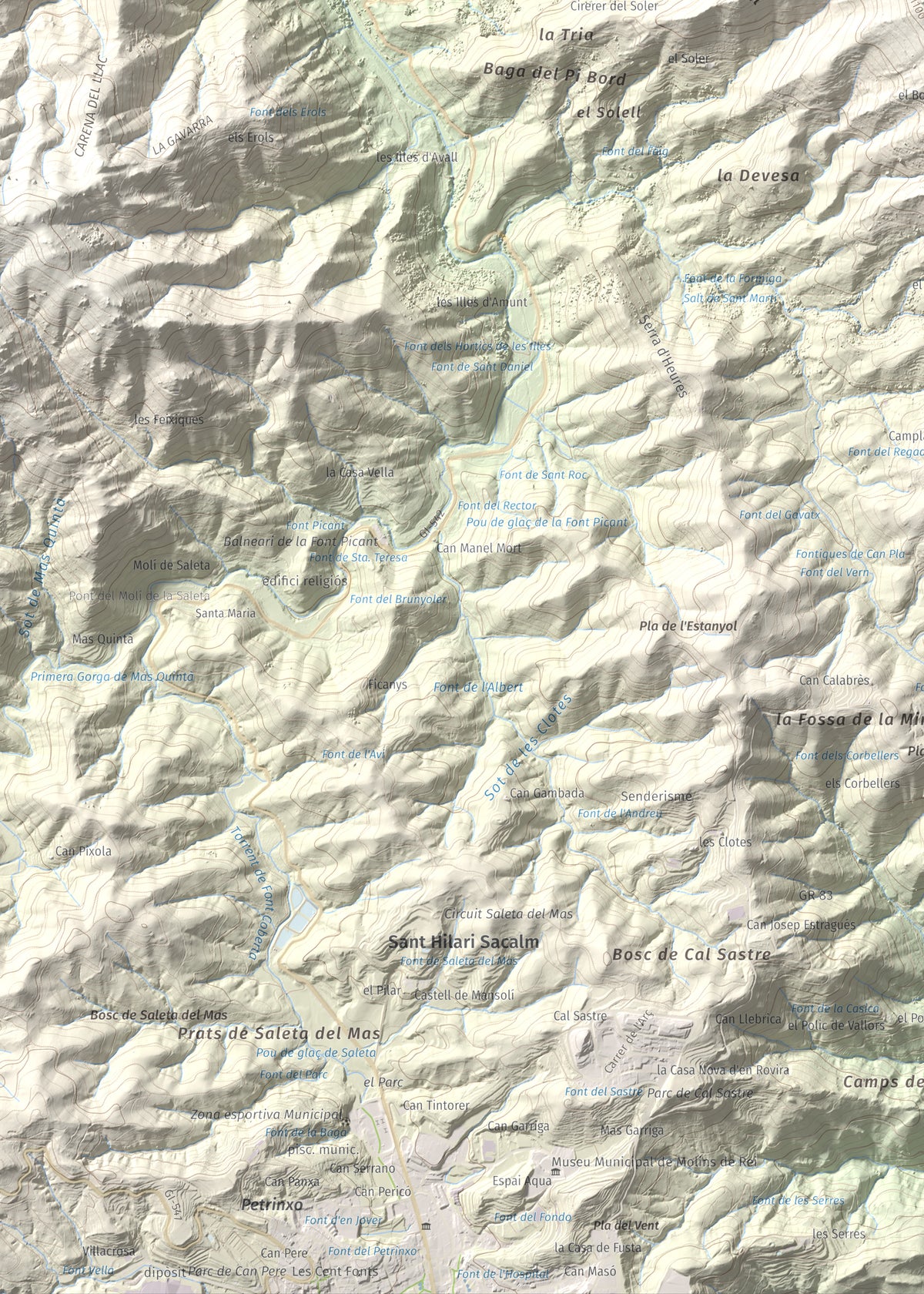 Mapa de relieve de Sant Miquel de Solterra, 1203 m, Selva, lámina 100 Cims de Trobart. Detalle de la zona inferior izquierda. 50 × 70 cm.