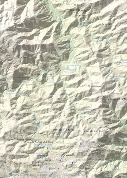 Mapa de relieve de Sant Miquel de Solterra, 1203 m, Selva, lámina 100 Cims de Trobart. Detalle de la zona inferior izquierda. 50 × 70 cm.