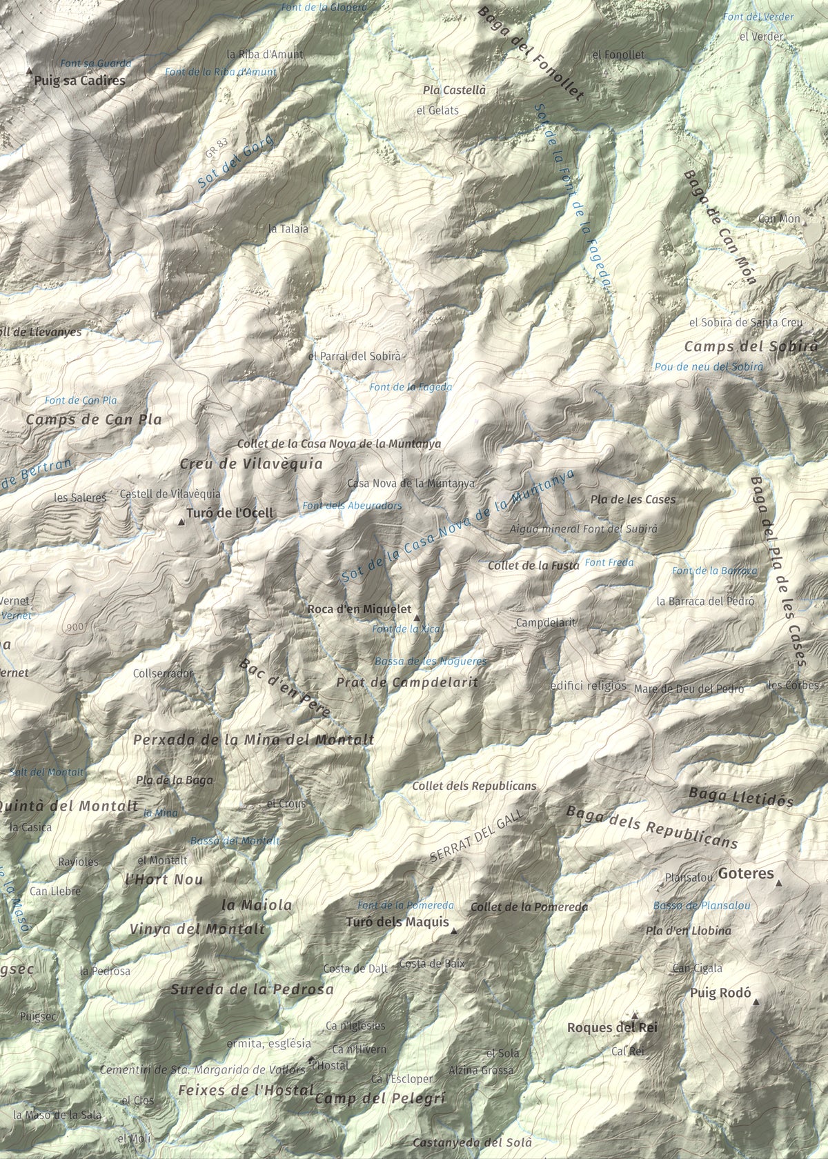 Mapa de relieve de Sant Miquel de Solterra, 1203 m, Selva, lámina 100 Cims de Trobart. Detalle de la zona inferior derecha. 50 × 70 cm.