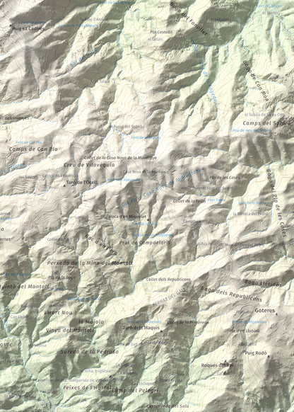 Mapa de relieve de Sant Miquel de Solterra, 1203 m, Selva, lámina 100 Cims de Trobart. Detalle de la zona inferior derecha. 50 × 70 cm.