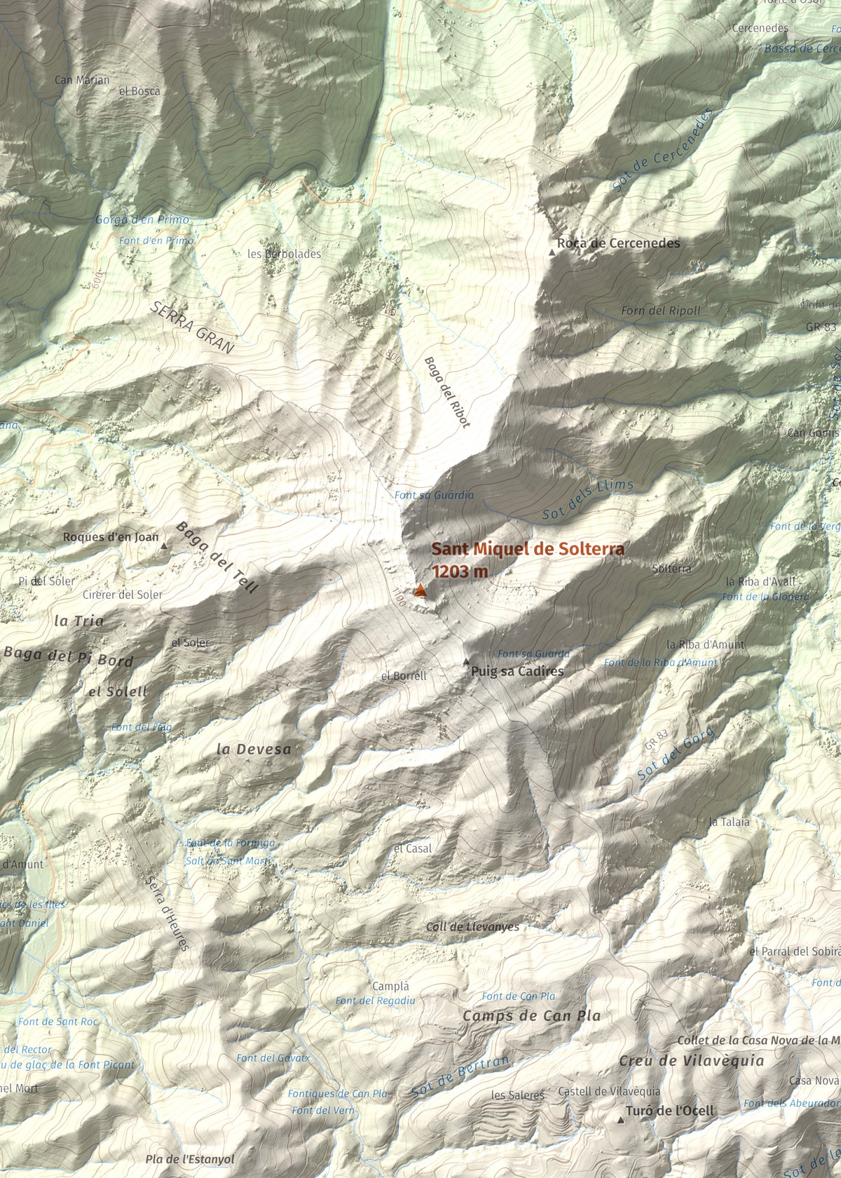 Mapa de relieve de Sant Miquel de Solterra, 1203 m, Selva, lámina 100 Cims de Trobart. Detalle de la zona central. 50 × 70 cm.