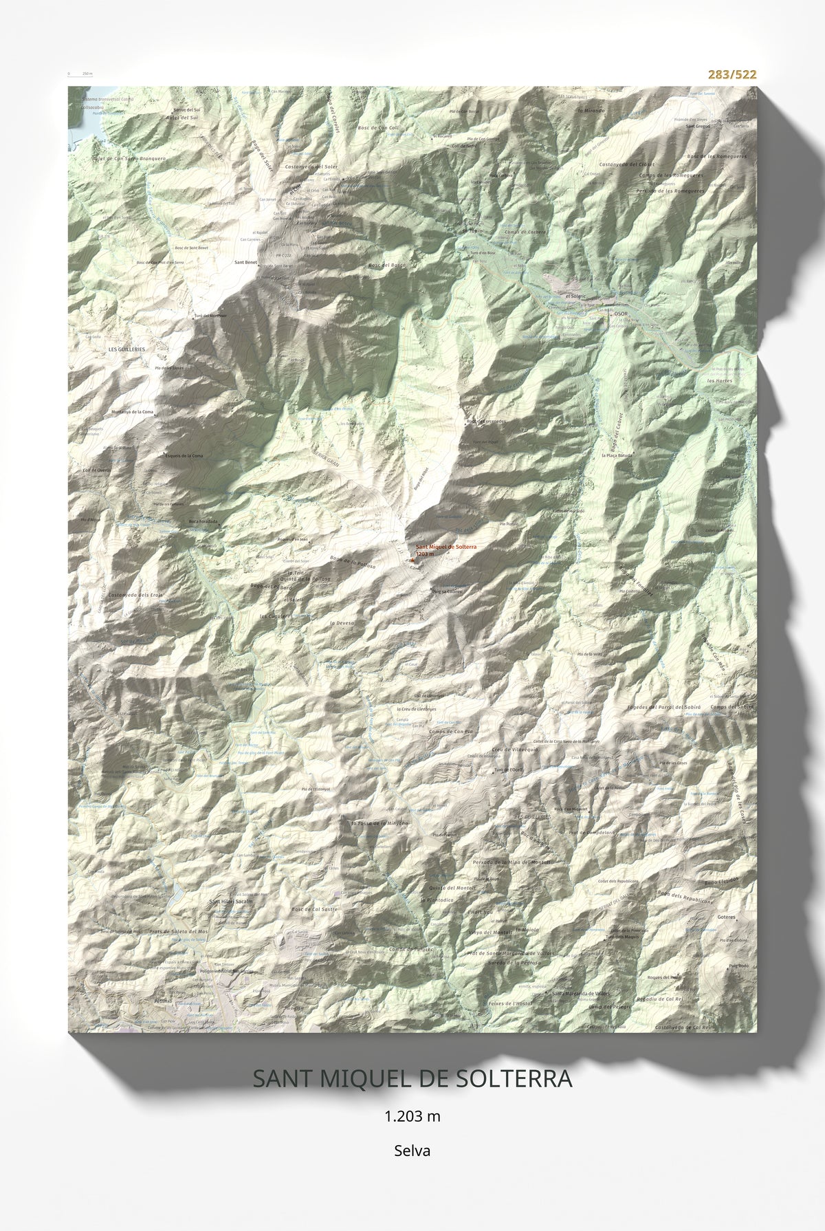 Mapa de relieve de Sant Miquel de Solterra, 1203 m, Selva, lámina 100 Cims de Trobart 61 × 91 cm.