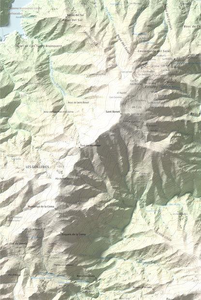 Mapa de relieve de Sant Miquel de Solterra, 1203 m, Selva, lámina 100 Cims de Trobart. Detalle de la zona superior izquierda. 61 × 91 cm.