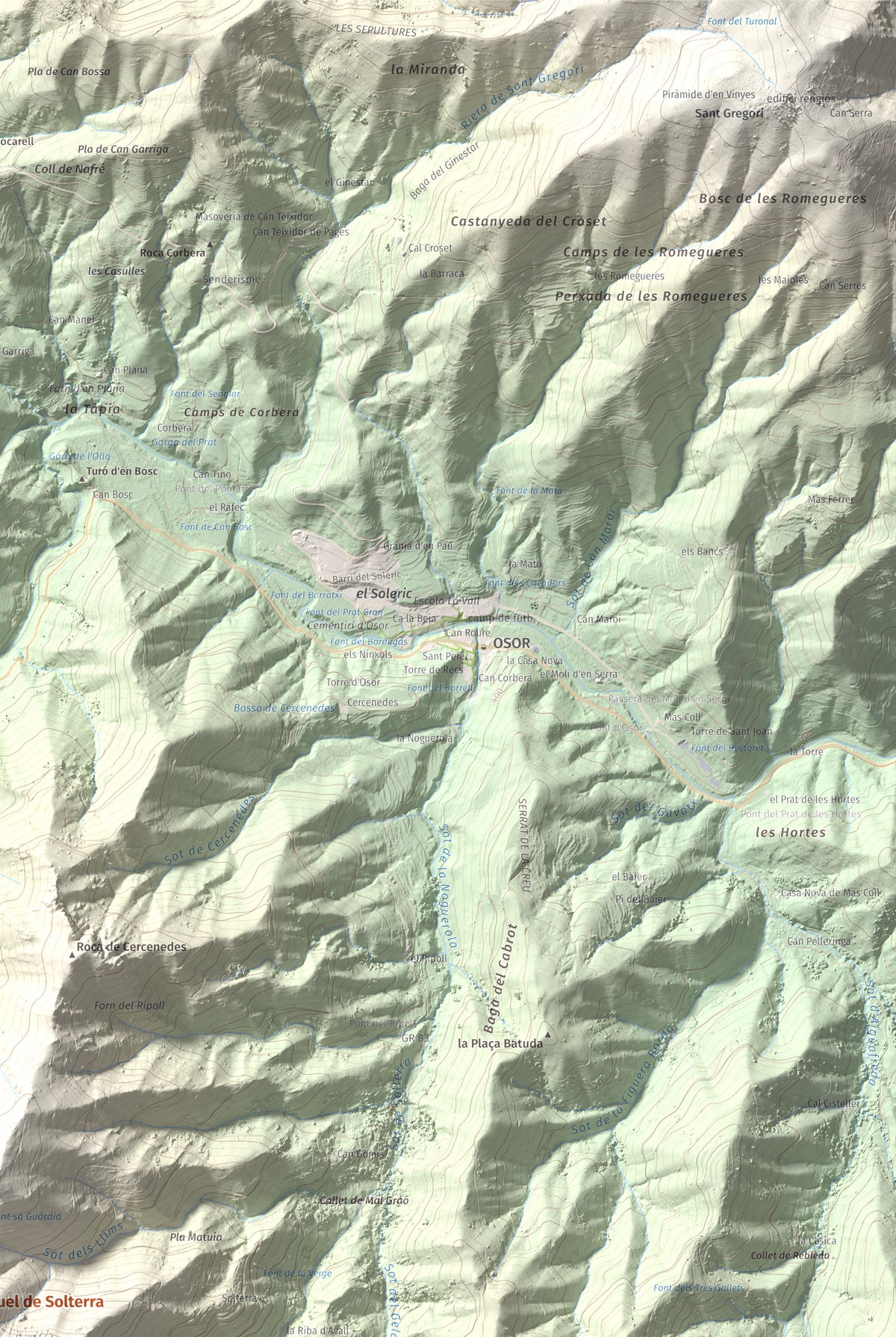 Mapa de relieve de Sant Miquel de Solterra, 1203 m, Selva, lámina 100 Cims de Trobart. Detalle de la zona superior derecha. 61 × 91 cm.