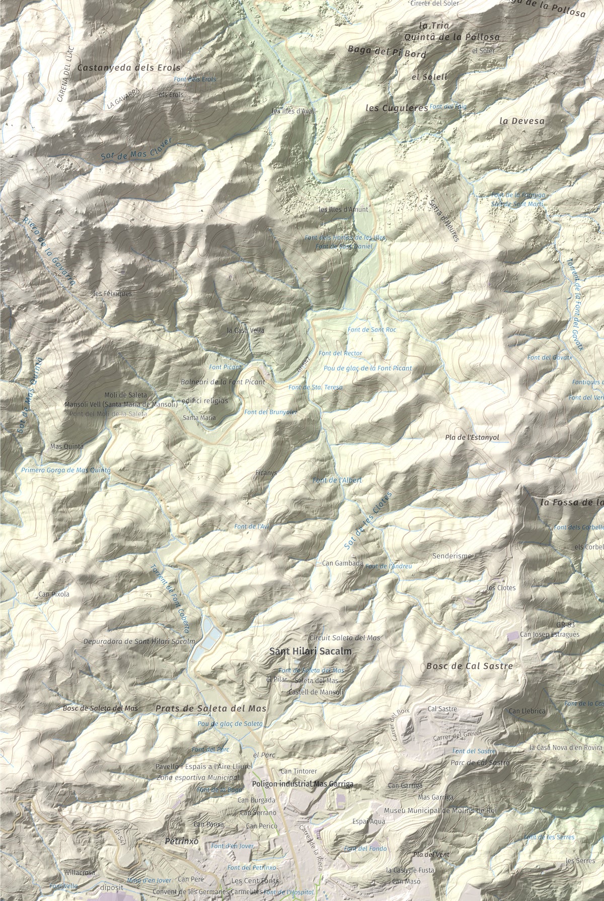 Mapa de relieve de Sant Miquel de Solterra, 1203 m, Selva, lámina 100 Cims de Trobart. Detalle de la zona inferior izquierda. 61 × 91 cm.