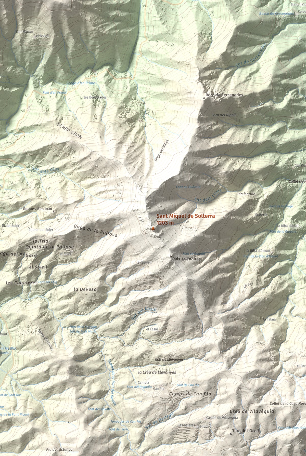 Mapa de relieve de Sant Miquel de Solterra, 1203 m, Selva, lámina 100 Cims de Trobart. Detalle de la zona central. 61 × 91 cm.