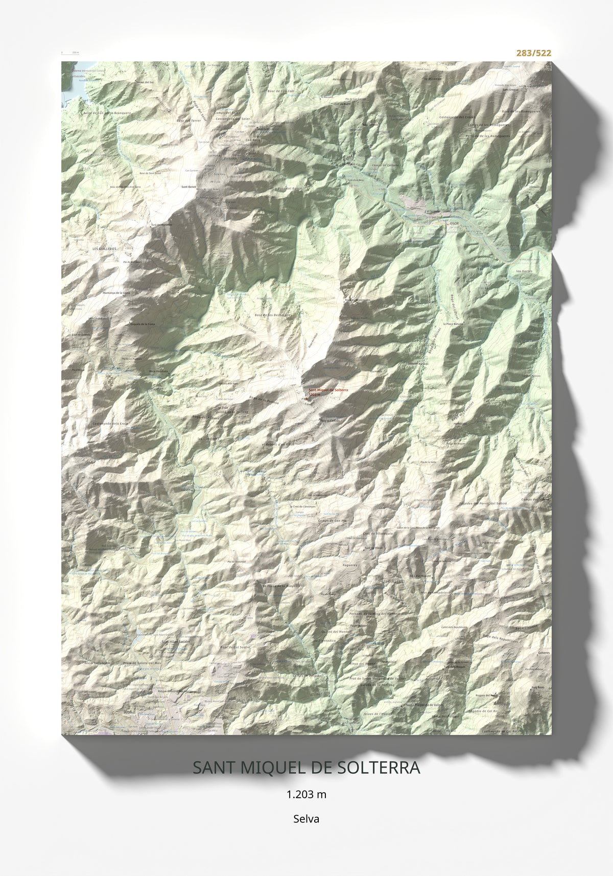 Mapa de relieve de Sant Miquel de Solterra, 1203 m, Selva, lámina 100 Cims de Trobart 70 × 100 cm.