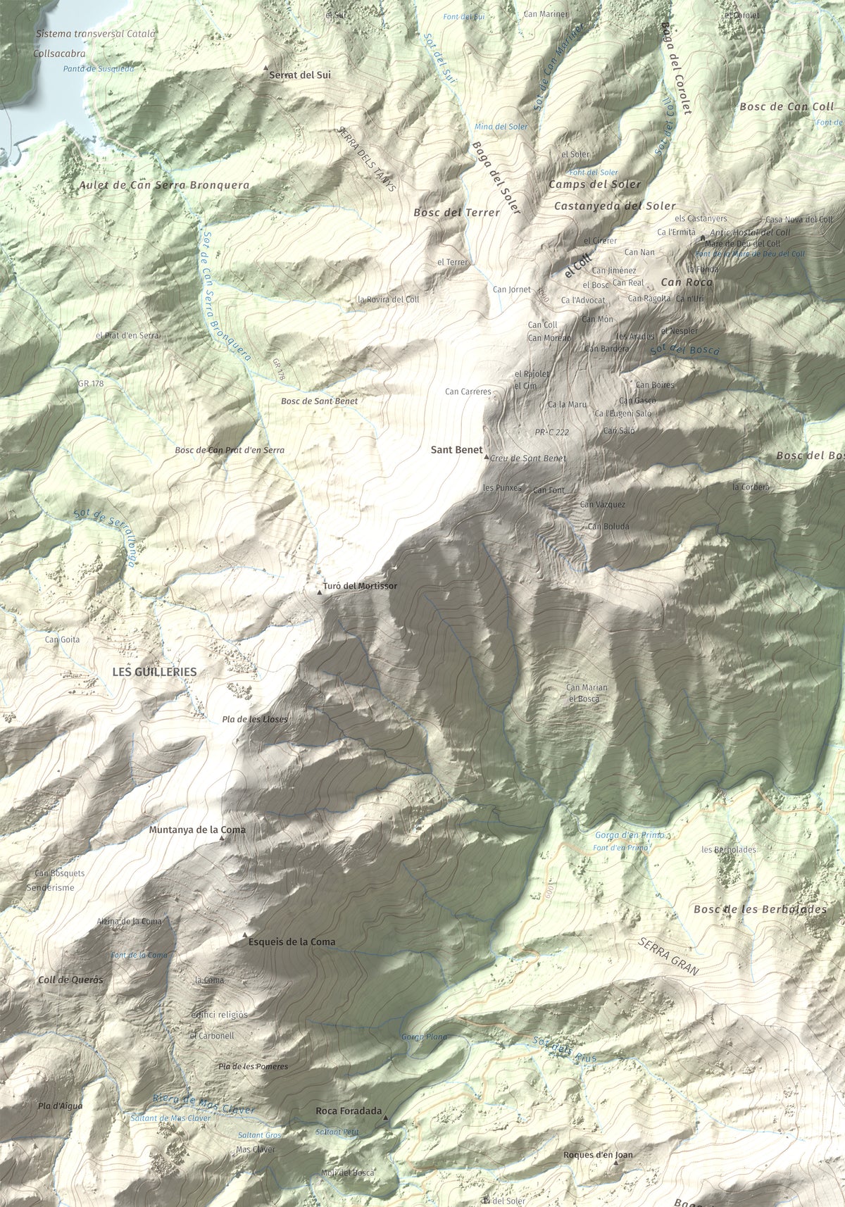 Mapa de relieve de Sant Miquel de Solterra, 1203 m, Selva, lámina 100 Cims de Trobart. Detalle de la zona superior izquierda. 70 × 100 cm.