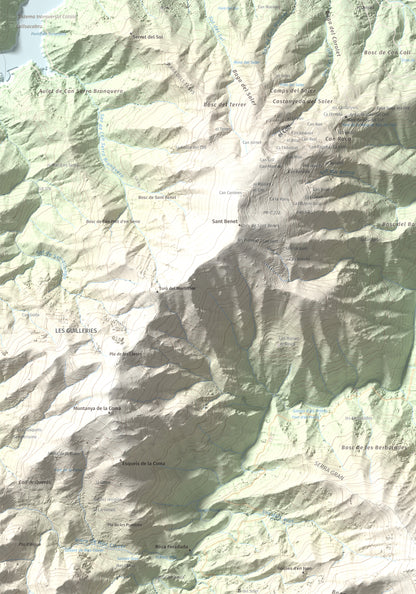 Mapa de relieve de Sant Miquel de Solterra, 1203 m, Selva, lámina 100 Cims de Trobart. Detalle de la zona superior izquierda. 70 × 100 cm.