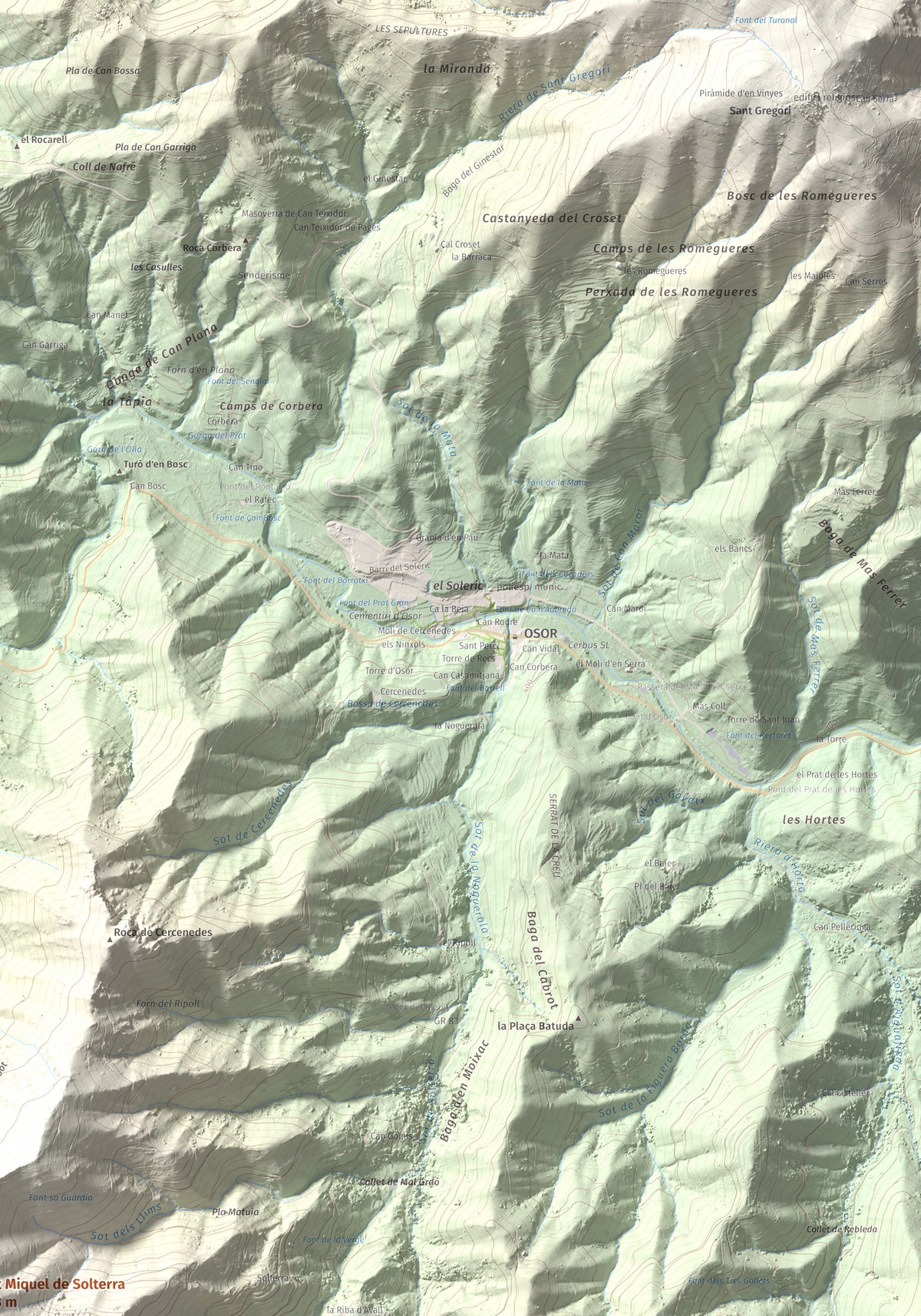 Mapa de relieve de Sant Miquel de Solterra, 1203 m, Selva, lámina 100 Cims de Trobart. Detalle de la zona superior derecha. 70 × 100 cm.
