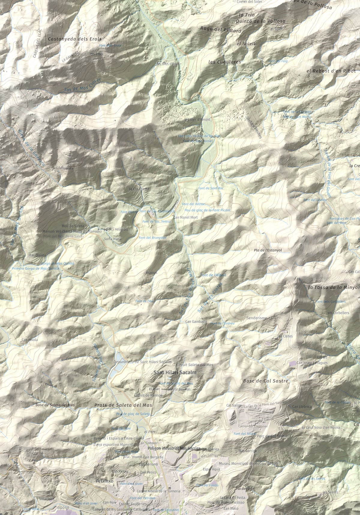 Mapa de relieve de Sant Miquel de Solterra, 1203 m, Selva, lámina 100 Cims de Trobart. Detalle de la zona inferior izquierda. 70 × 100 cm.