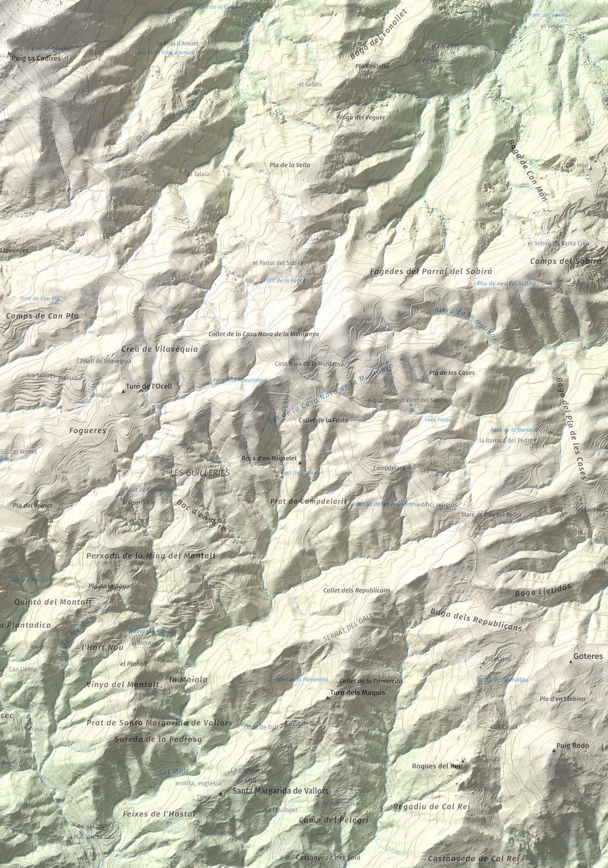 Mapa de relieve de Sant Miquel de Solterra, 1203 m, Selva, lámina 100 Cims de Trobart. Detalle de la zona inferior derecha. 70 × 100 cm.