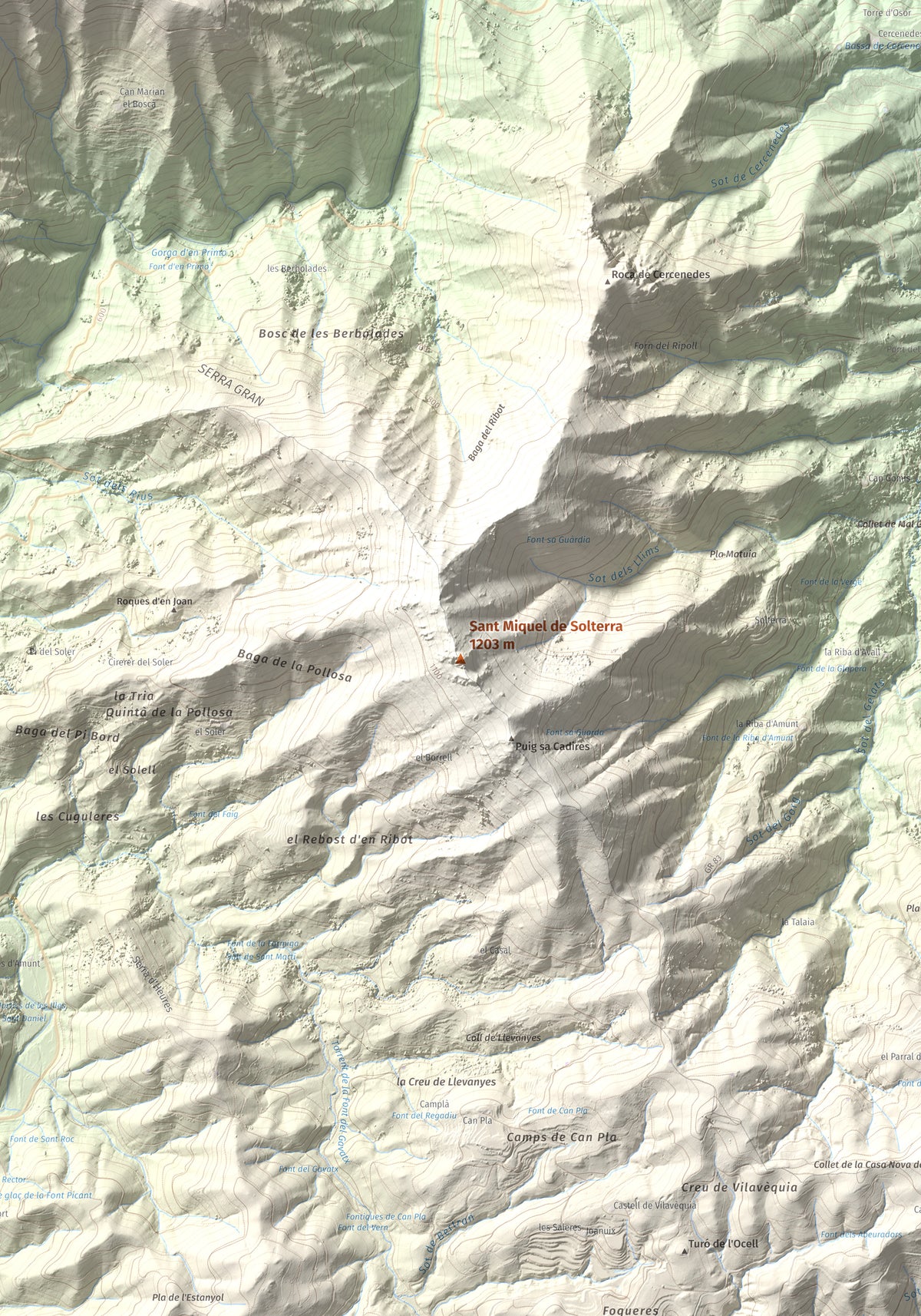 Mapa de relieve de Sant Miquel de Solterra, 1203 m, Selva, lámina 100 Cims de Trobart. Detalle de la zona central. 70 × 100 cm.