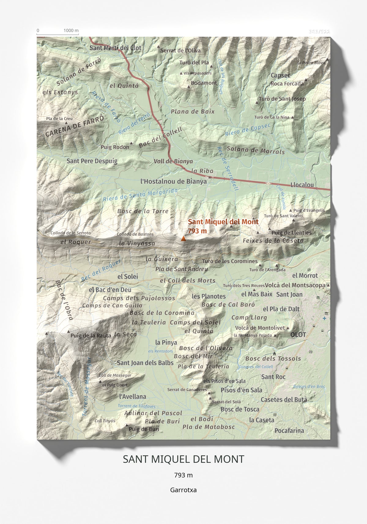 Mapa de relieve de Sant Miquel del Mont, 793 m, Garrotxa, lámina 100 Cims de Trobart 21 × 30 cm.