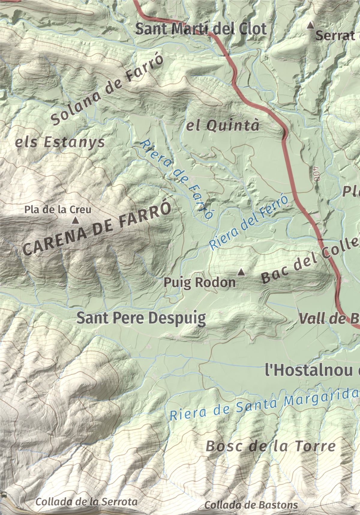 Mapa de relieve de Sant Miquel del Mont, 793 m, Garrotxa, lámina 100 Cims de Trobart. Detalle de la zona superior izquierda. 21 × 30 cm.