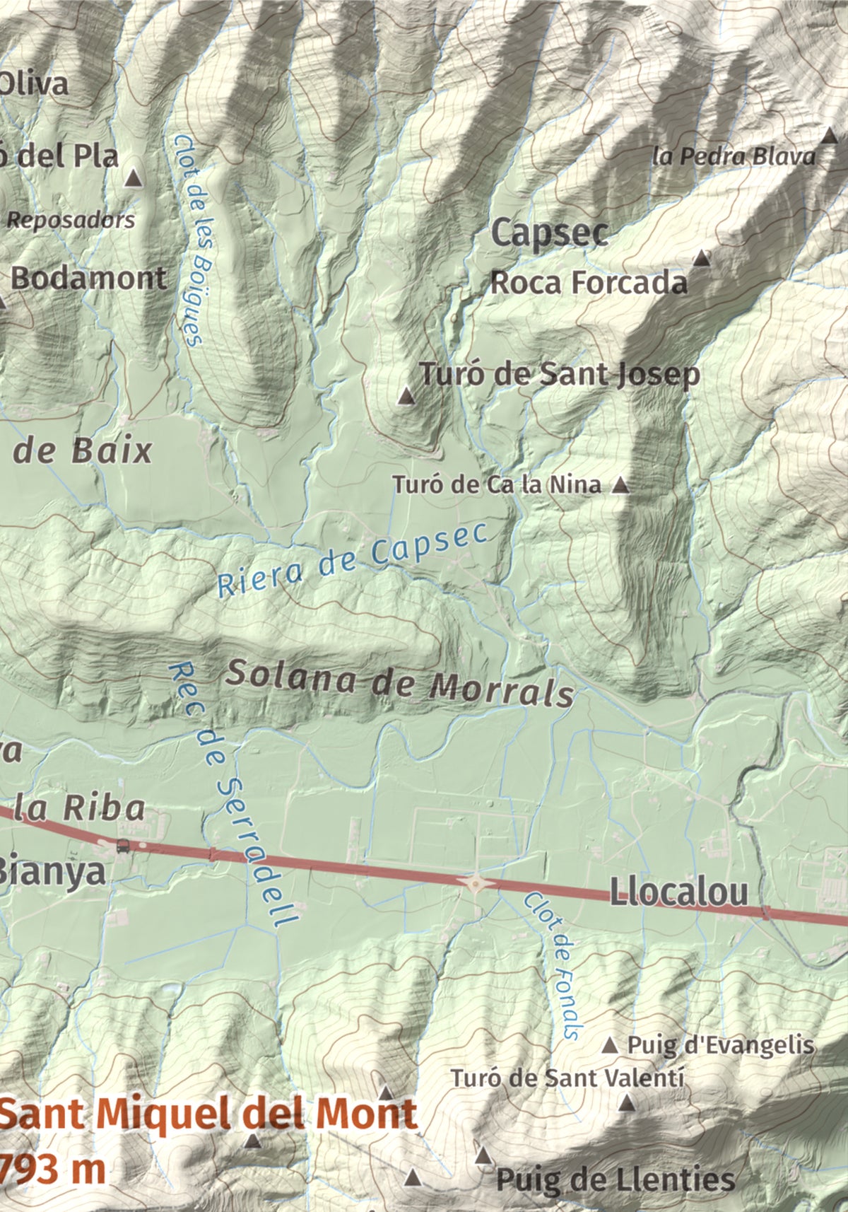 Mapa de relieve de Sant Miquel del Mont, 793 m, Garrotxa, lámina 100 Cims de Trobart. Detalle de la zona superior derecha. 21 × 30 cm.