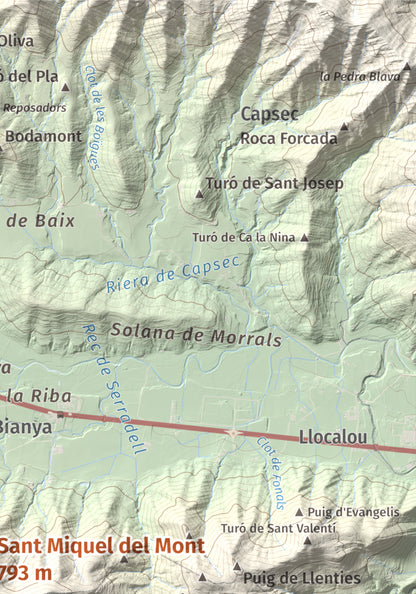 Mapa de relieve de Sant Miquel del Mont, 793 m, Garrotxa, lámina 100 Cims de Trobart. Detalle de la zona superior derecha. 21 × 30 cm.