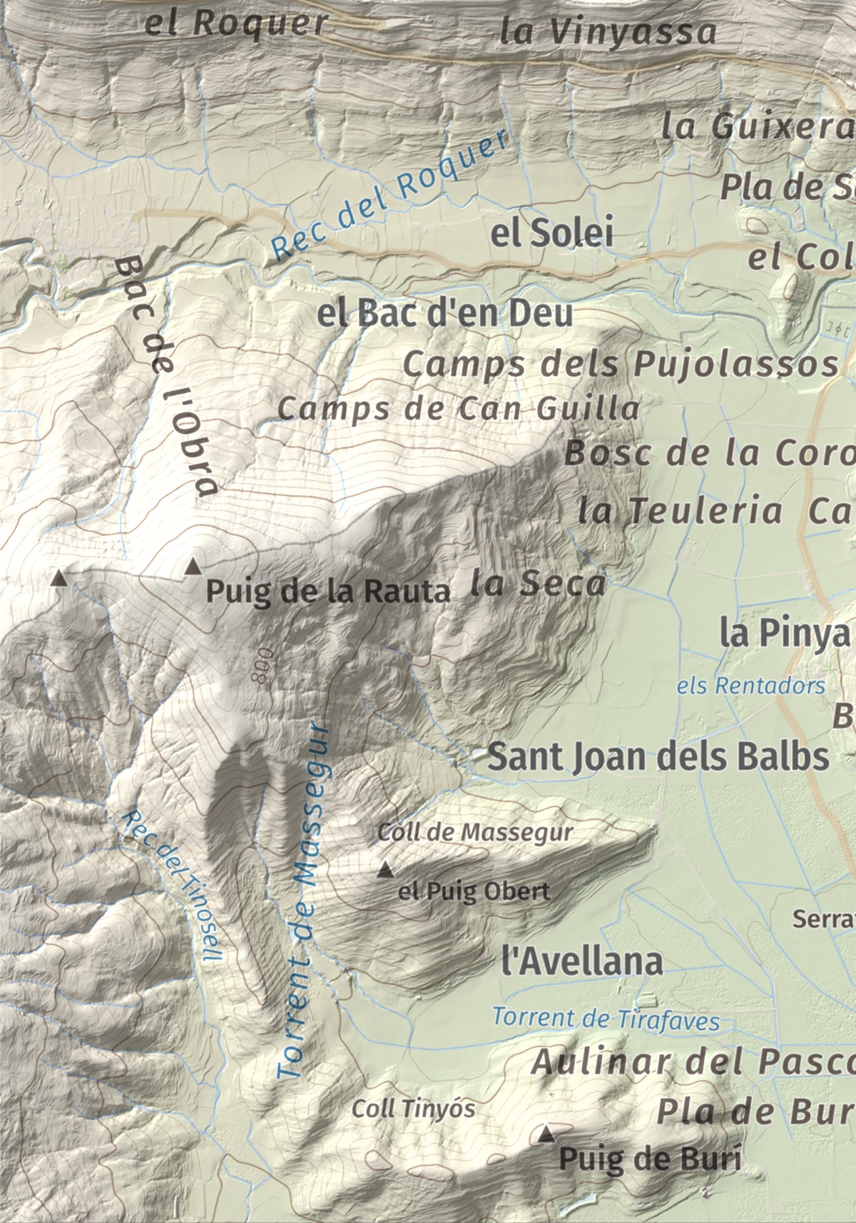 Mapa de relieve de Sant Miquel del Mont, 793 m, Garrotxa, lámina 100 Cims de Trobart. Detalle de la zona inferior izquierda. 21 × 30 cm.
