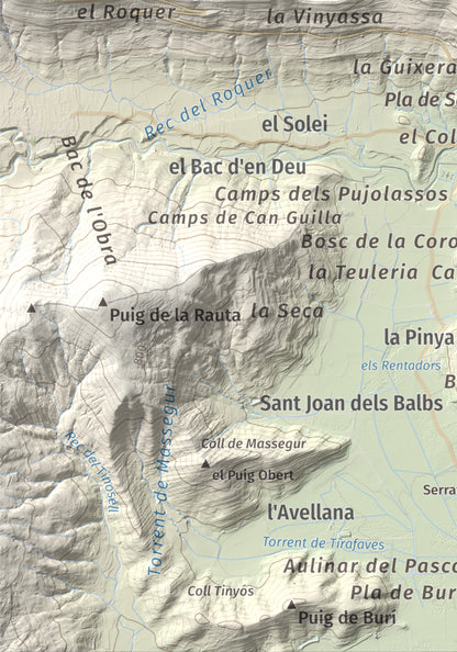 Mapa de relieve de Sant Miquel del Mont, 793 m, Garrotxa, lámina 100 Cims de Trobart. Detalle de la zona inferior izquierda. 21 × 30 cm.