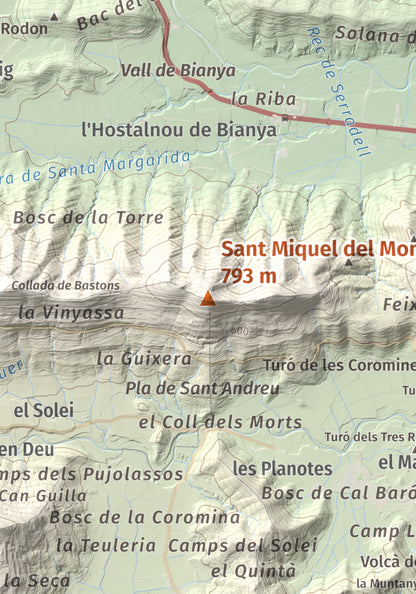 Mapa de relieve de Sant Miquel del Mont, 793 m, Garrotxa, lámina 100 Cims de Trobart. Detalle de la zona central. 21 × 30 cm.