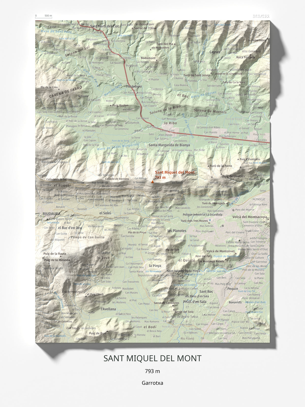 Mapa de relieve de Sant Miquel del Mont, 793 m, Garrotxa, lámina 100 Cims de Trobart 30 × 40 cm.