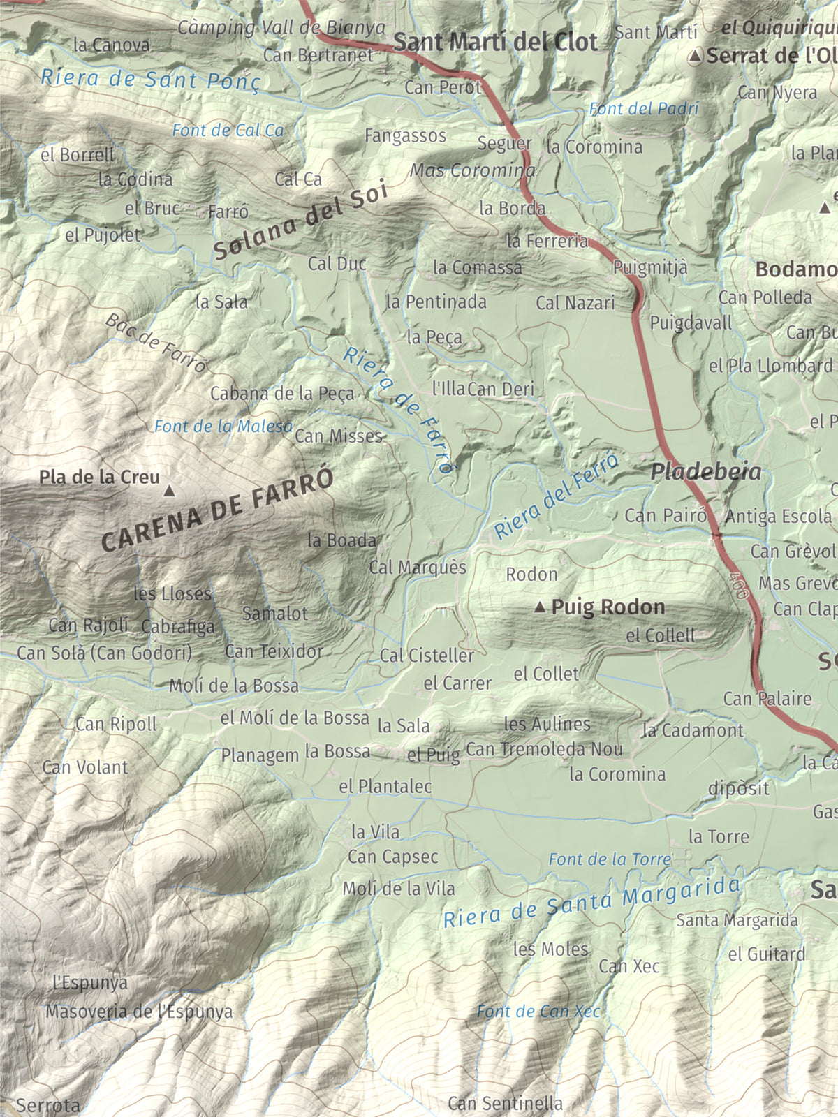 Mapa de relieve de Sant Miquel del Mont, 793 m, Garrotxa, lámina 100 Cims de Trobart. Detalle de la zona superior izquierda. 30 × 40 cm.