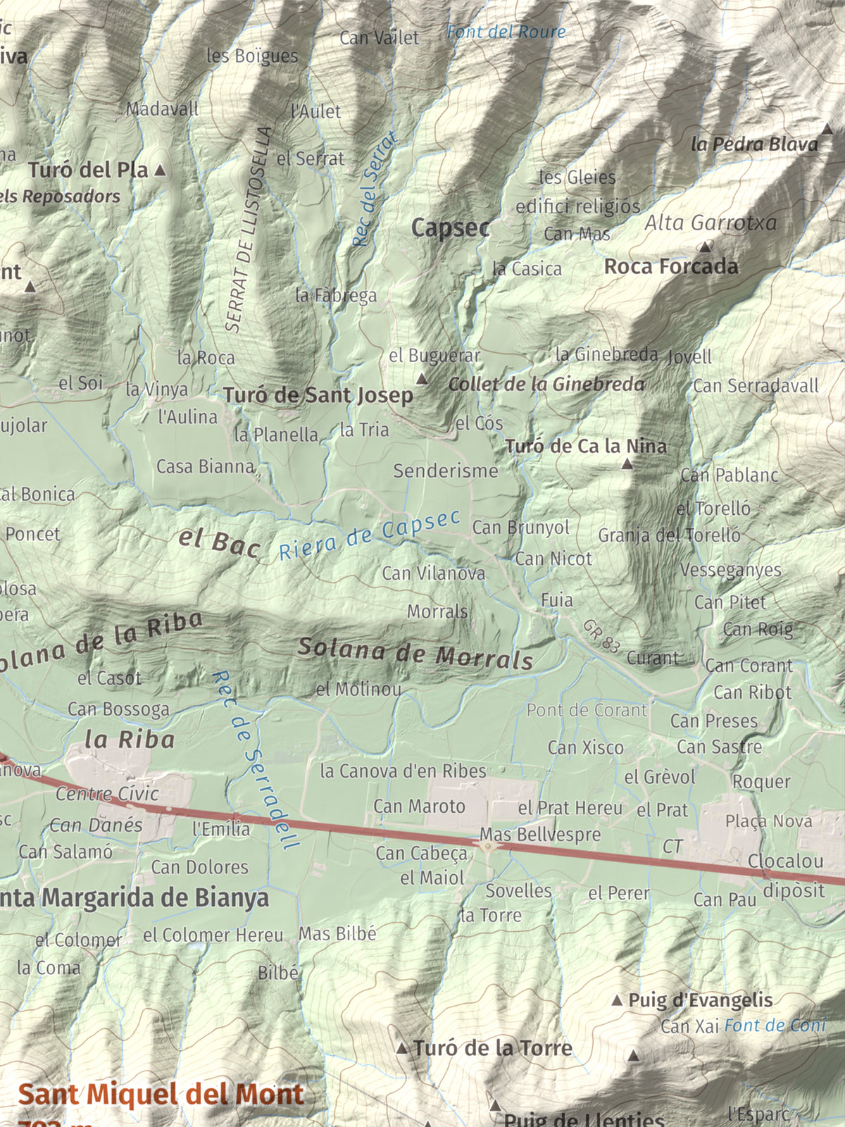 Mapa de relieve de Sant Miquel del Mont, 793 m, Garrotxa, lámina 100 Cims de Trobart. Detalle de la zona superior derecha. 30 × 40 cm.