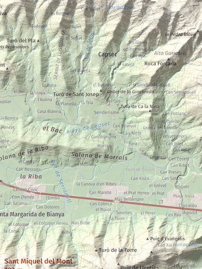 Mapa de relieve de Sant Miquel del Mont, 793 m, Garrotxa, lámina 100 Cims de Trobart. Detalle de la zona superior derecha. 30 × 40 cm.
