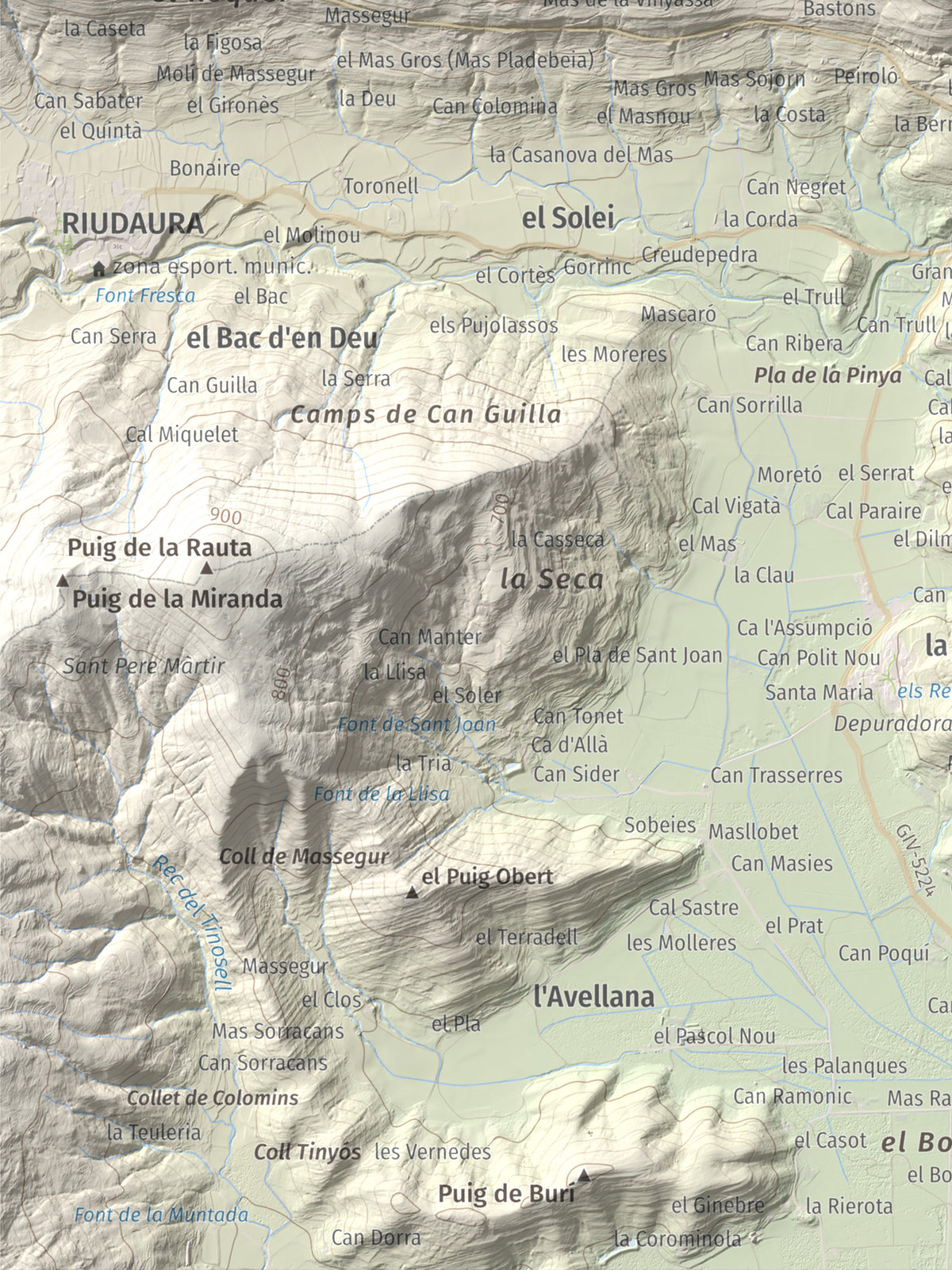 Mapa de relieve de Sant Miquel del Mont, 793 m, Garrotxa, lámina 100 Cims de Trobart. Detalle de la zona inferior izquierda. 30 × 40 cm.