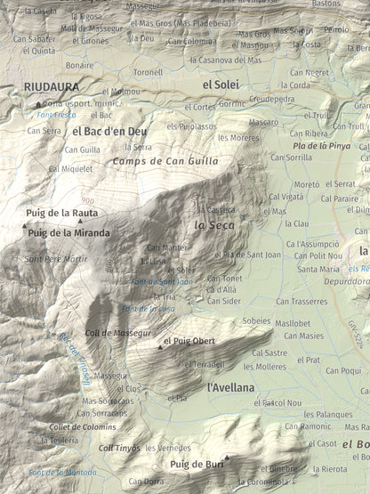 Mapa de relieve de Sant Miquel del Mont, 793 m, Garrotxa, lámina 100 Cims de Trobart. Detalle de la zona inferior izquierda. 30 × 40 cm.