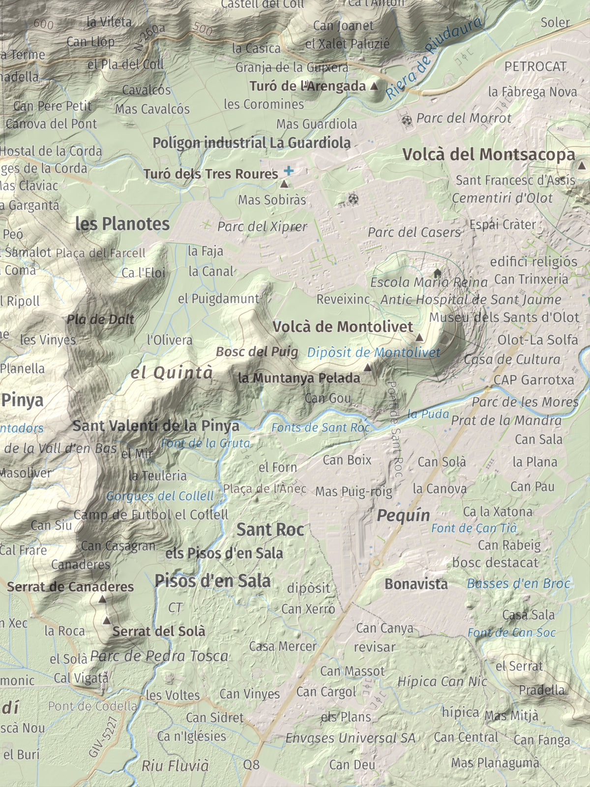 Mapa de relieve de Sant Miquel del Mont, 793 m, Garrotxa, lámina 100 Cims de Trobart. Detalle de la zona inferior derecha. 30 × 40 cm.