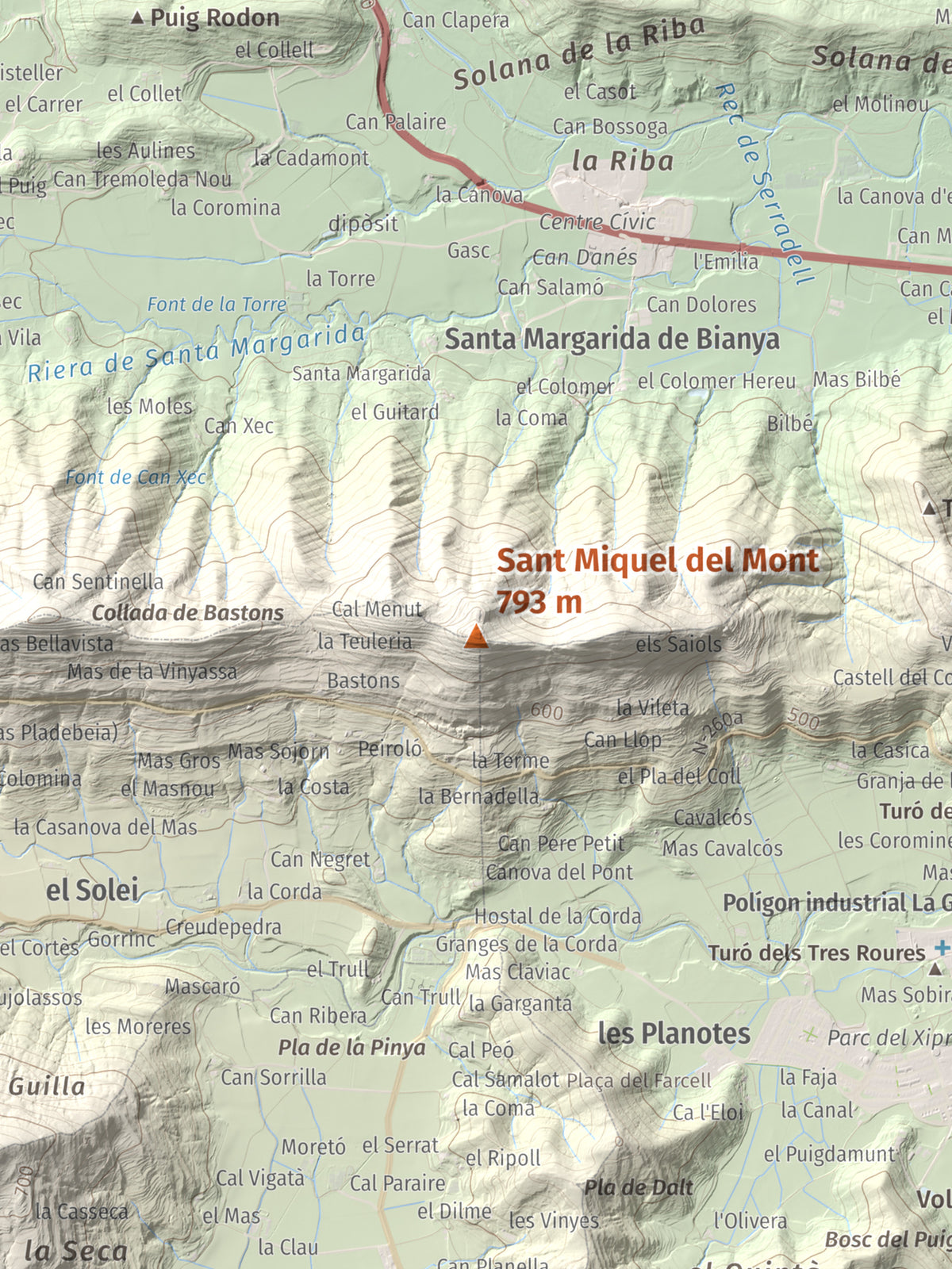 Mapa de relieve de Sant Miquel del Mont, 793 m, Garrotxa, lámina 100 Cims de Trobart. Detalle de la zona central. 30 × 40 cm.