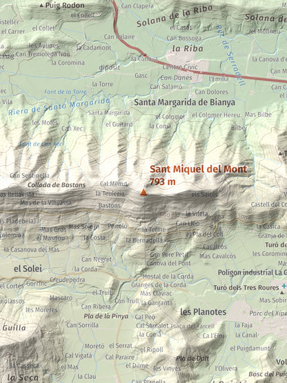 Mapa de relieve de Sant Miquel del Mont, 793 m, Garrotxa, lámina 100 Cims de Trobart. Detalle de la zona central. 30 × 40 cm.