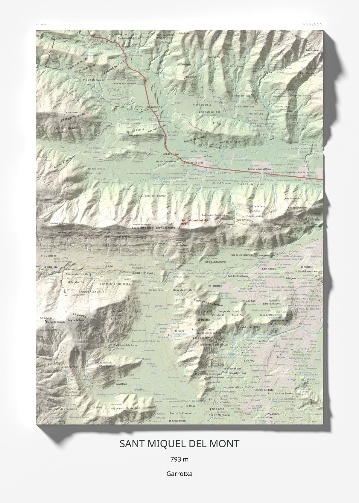 Mapa de relieve de Sant Miquel del Mont, 793 m, Garrotxa, lámina 100 Cims de Trobart 50 × 70 cm.