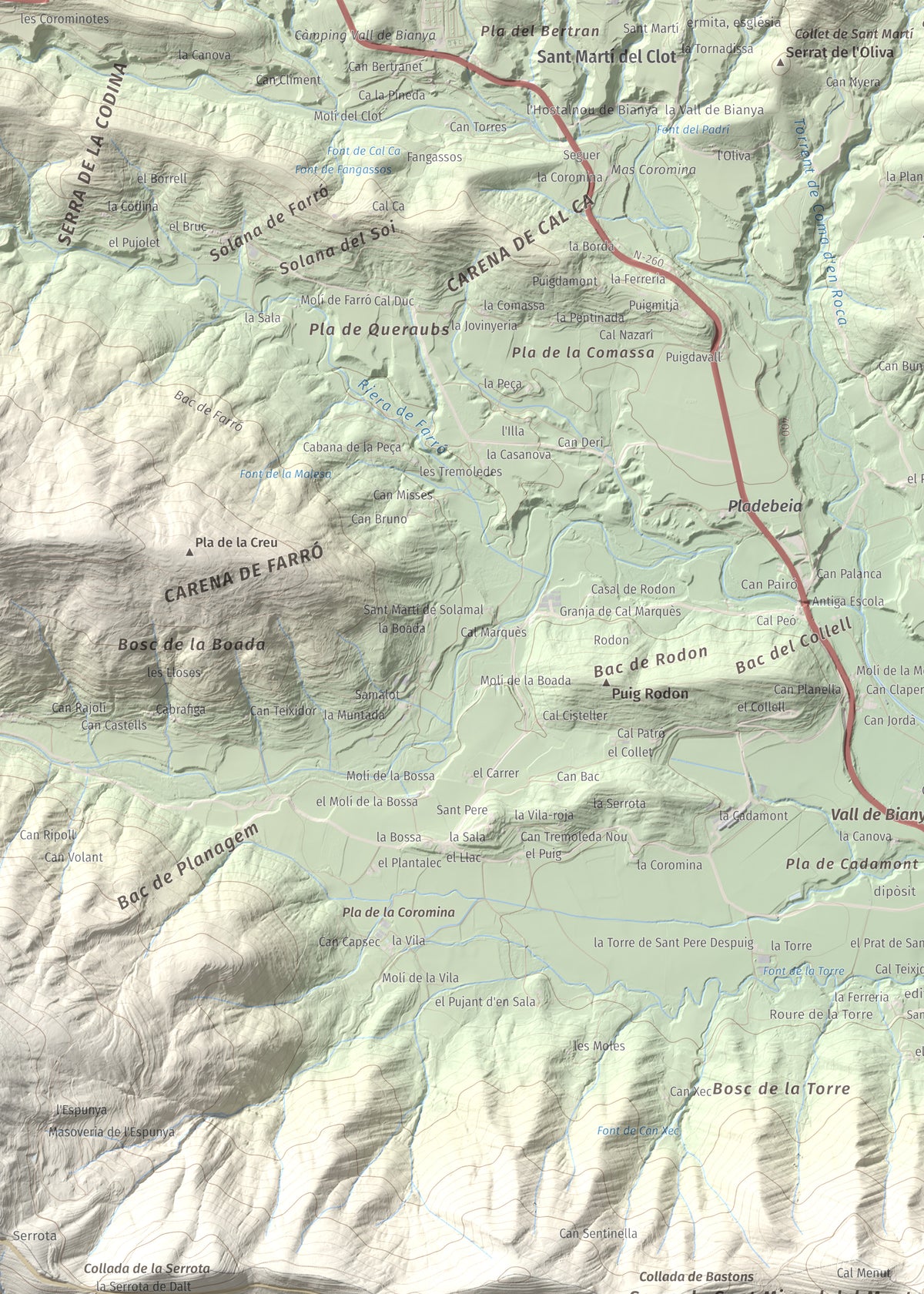 Mapa de relieve de Sant Miquel del Mont, 793 m, Garrotxa, lámina 100 Cims de Trobart. Detalle de la zona superior izquierda. 50 × 70 cm.