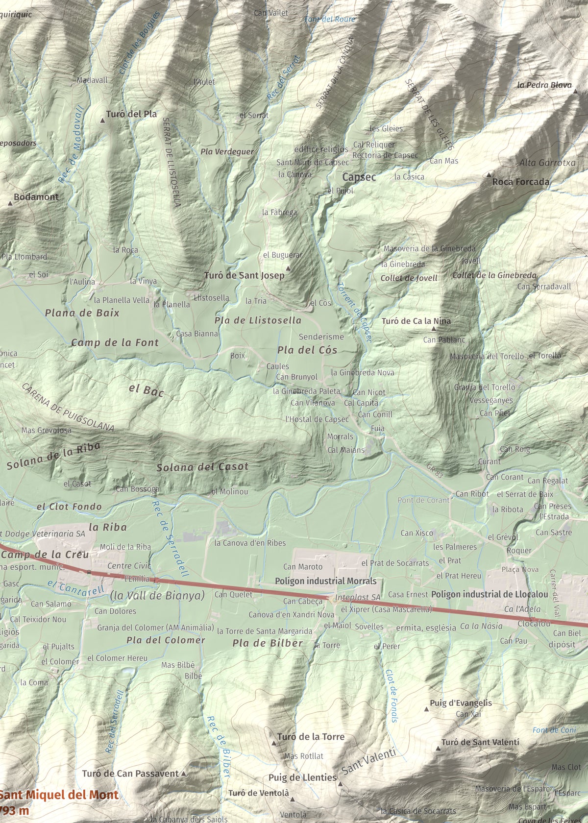 Mapa de relieve de Sant Miquel del Mont, 793 m, Garrotxa, lámina 100 Cims de Trobart. Detalle de la zona superior derecha. 50 × 70 cm.