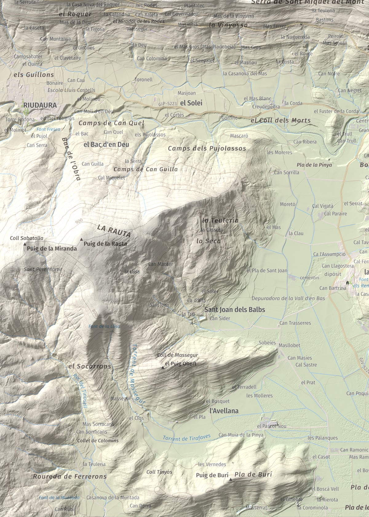 Mapa de relieve de Sant Miquel del Mont, 793 m, Garrotxa, lámina 100 Cims de Trobart. Detalle de la zona inferior izquierda. 50 × 70 cm.