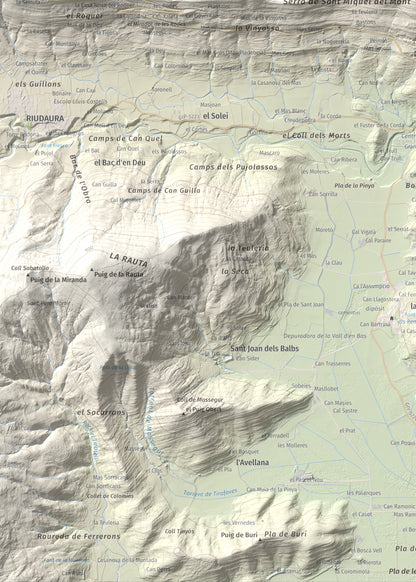 Mapa de relieve de Sant Miquel del Mont, 793 m, Garrotxa, lámina 100 Cims de Trobart. Detalle de la zona inferior izquierda. 50 × 70 cm.