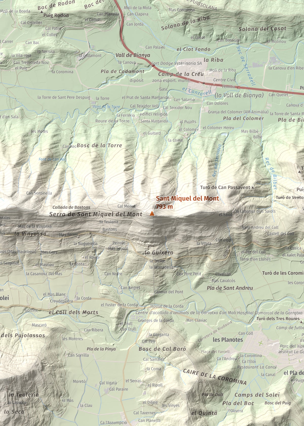 Mapa de relieve de Sant Miquel del Mont, 793 m, Garrotxa, lámina 100 Cims de Trobart. Detalle de la zona central. 50 × 70 cm.