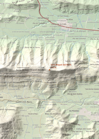 Mapa de relieve de Sant Miquel del Mont, 793 m, Garrotxa, lámina 100 Cims de Trobart. Detalle de la zona central. 50 × 70 cm.