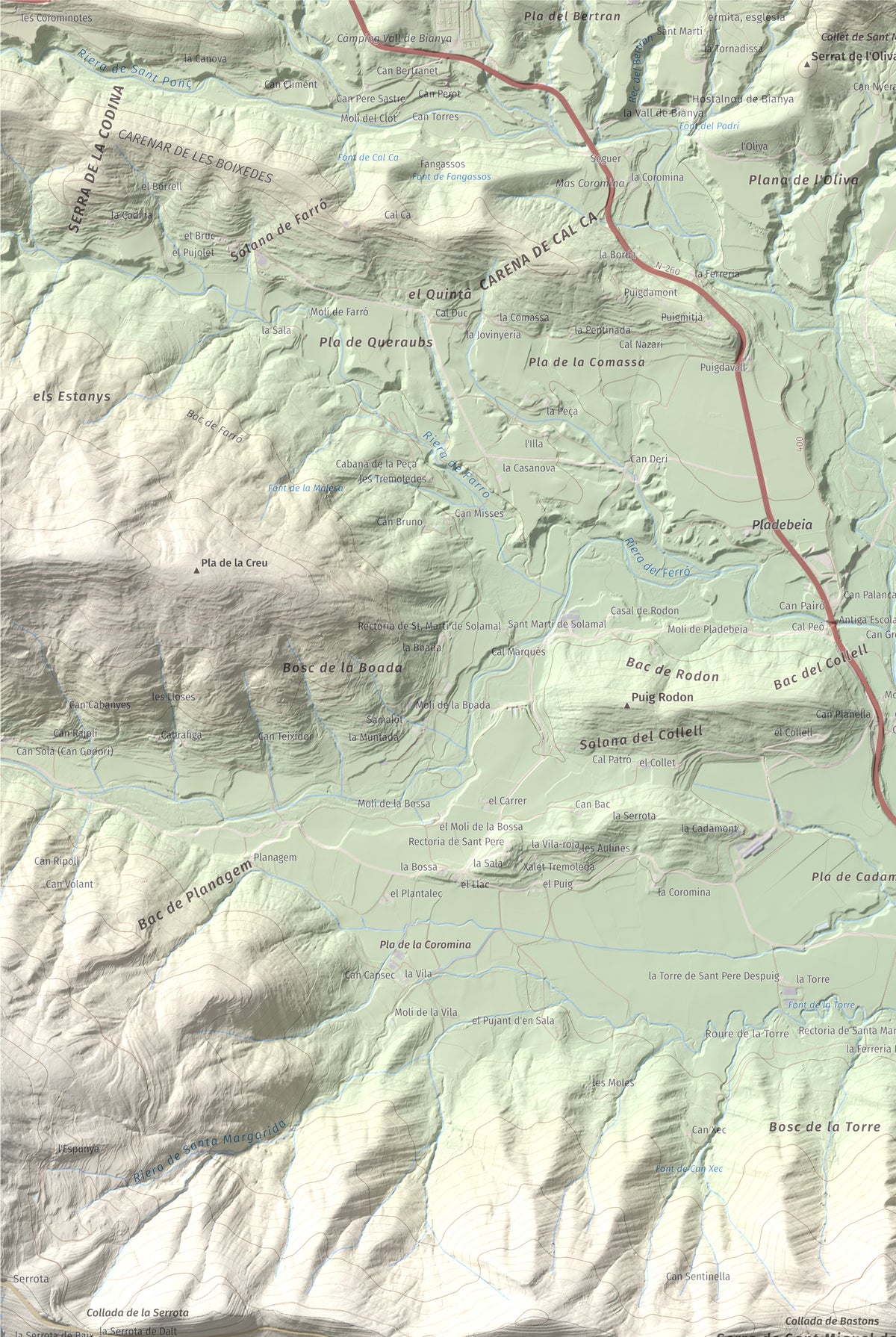 Mapa de relieve de Sant Miquel del Mont, 793 m, Garrotxa, lámina 100 Cims de Trobart. Detalle de la zona superior izquierda. 61 × 91 cm.