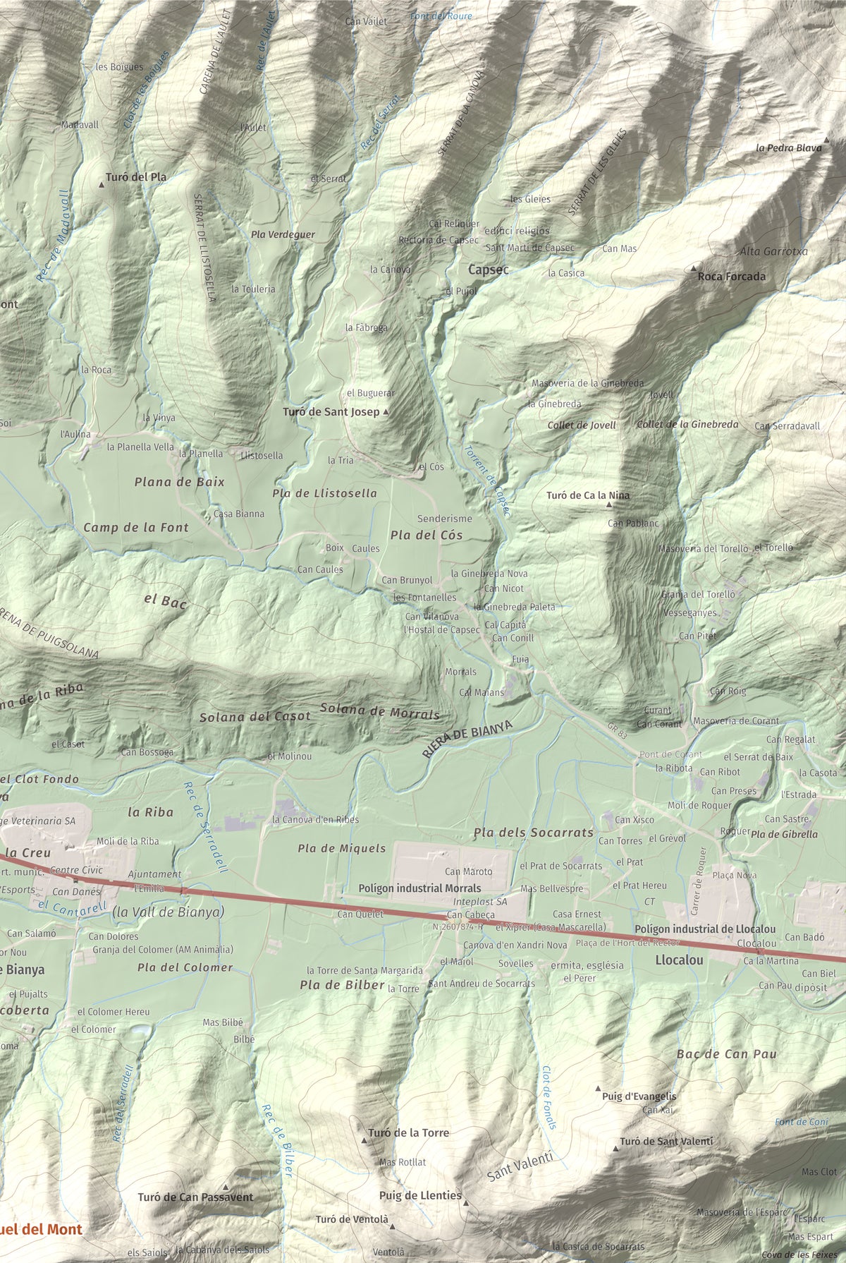 Mapa de relieve de Sant Miquel del Mont, 793 m, Garrotxa, lámina 100 Cims de Trobart. Detalle de la zona superior derecha. 61 × 91 cm.