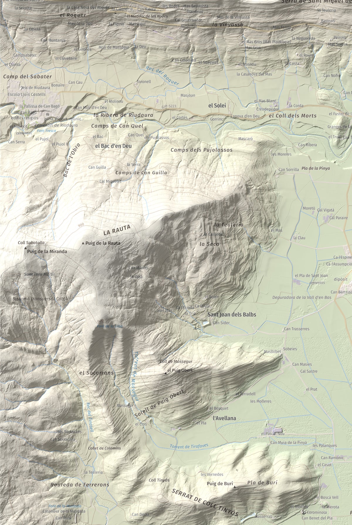 Mapa de relieve de Sant Miquel del Mont, 793 m, Garrotxa, lámina 100 Cims de Trobart. Detalle de la zona inferior izquierda. 61 × 91 cm.