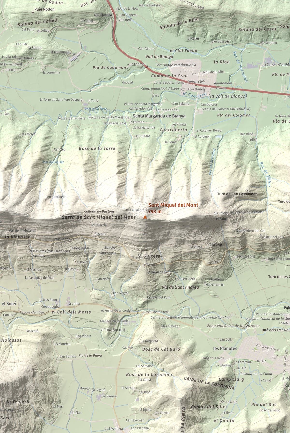 Mapa de relieve de Sant Miquel del Mont, 793 m, Garrotxa, lámina 100 Cims de Trobart. Detalle de la zona central. 61 × 91 cm.
